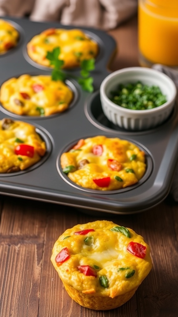 Crustless Quiche Muffins Recipe A tray of crustless quiche muffins filled with vegetables and cheese, served on a wooden table with herbs and juice.